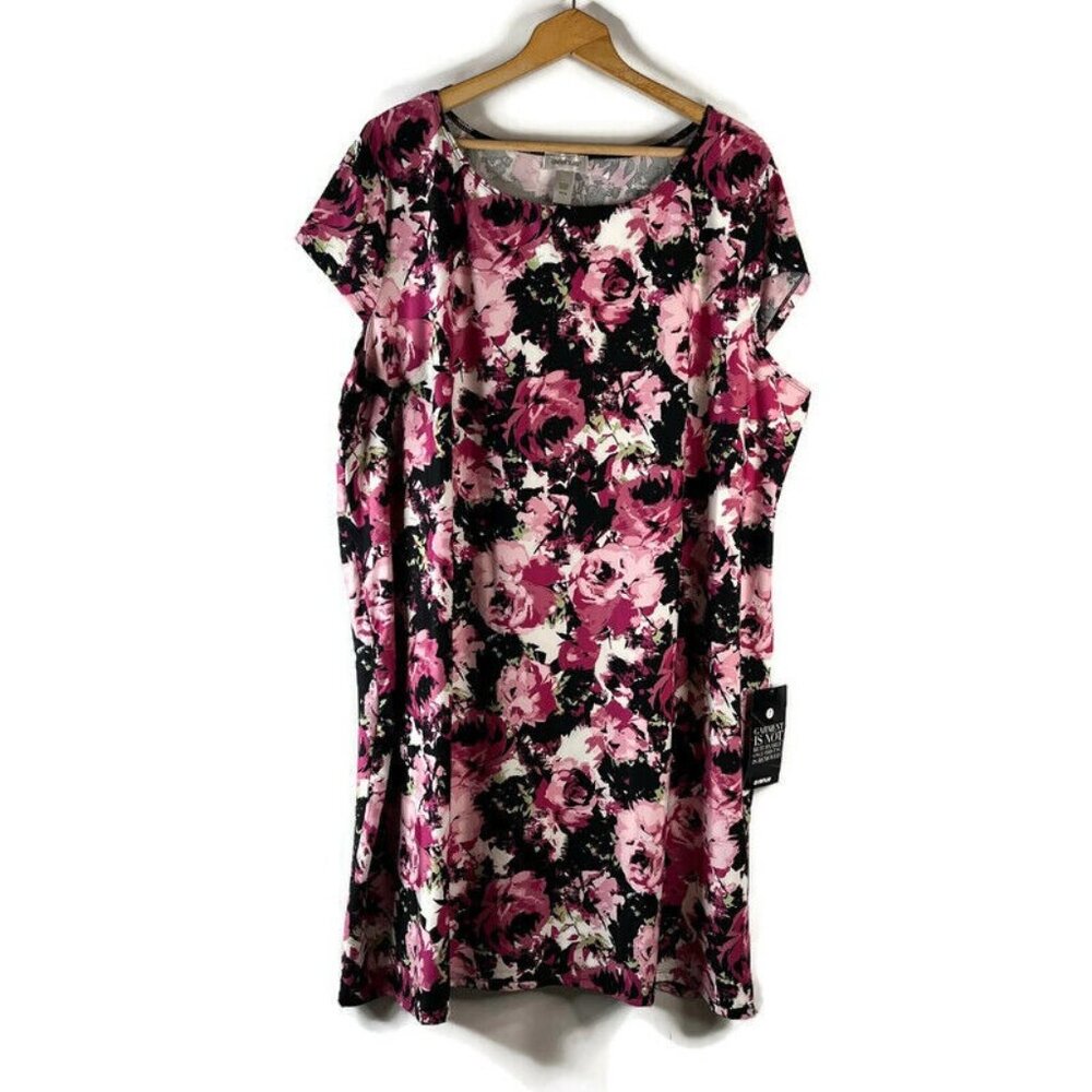 Avenue Womens Midi Shift Dress Size 30/32 4X Black Pink Floral Cap Short Sleeve